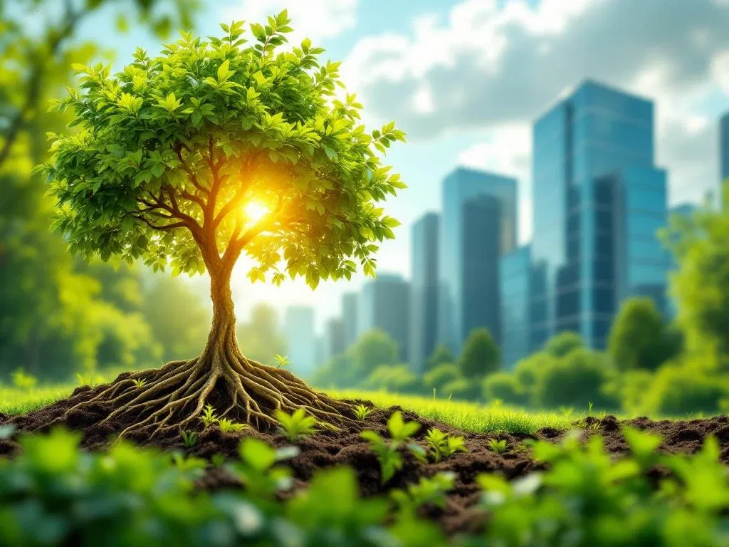 Groene boom met diepe wortels en gouden zonlicht naast modern kantoorgebouw in duurzaam landschap