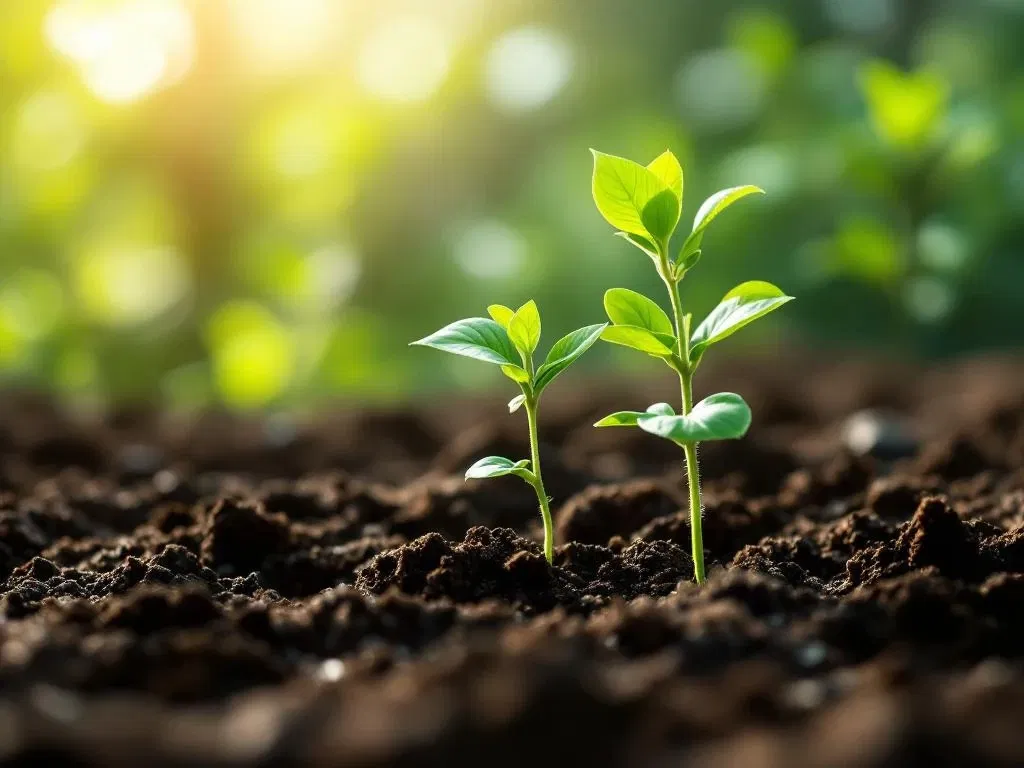 Groeiende groene plant met sterke takken in vruchtbare aarde, symboliseert duurzame werkbaarheid en continue ontwikkeling.