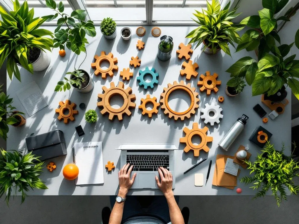 Bovenaanzicht modern bureau met houten tandwielen, puzzelstukjes, groene planten, laptop en wellness accessoires