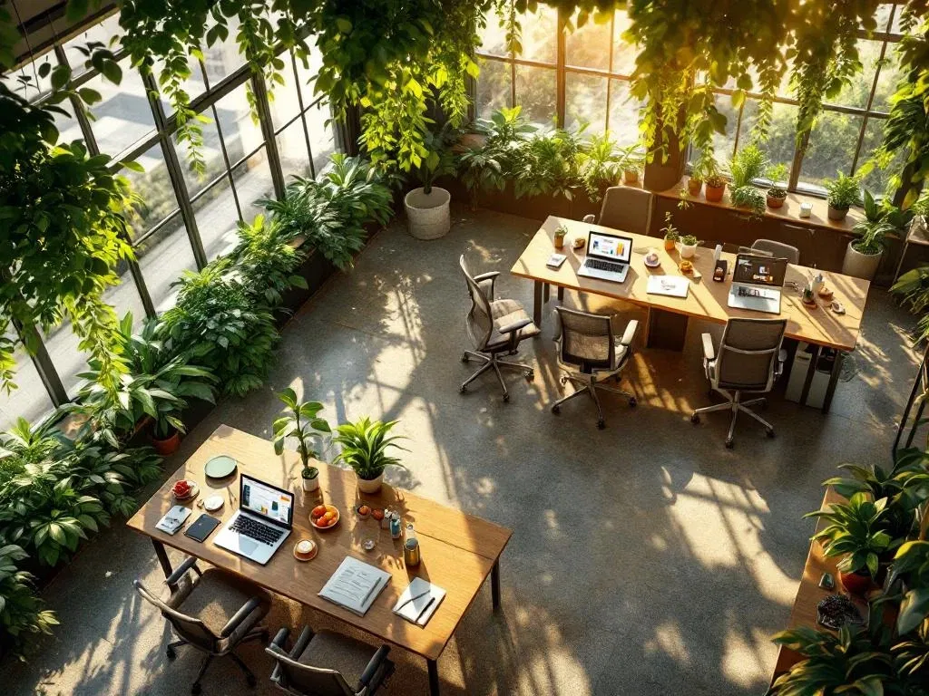 Moderne kantoorwerkplek met groene planten, laptops en duurzame elementen in natuurlijk zonlicht