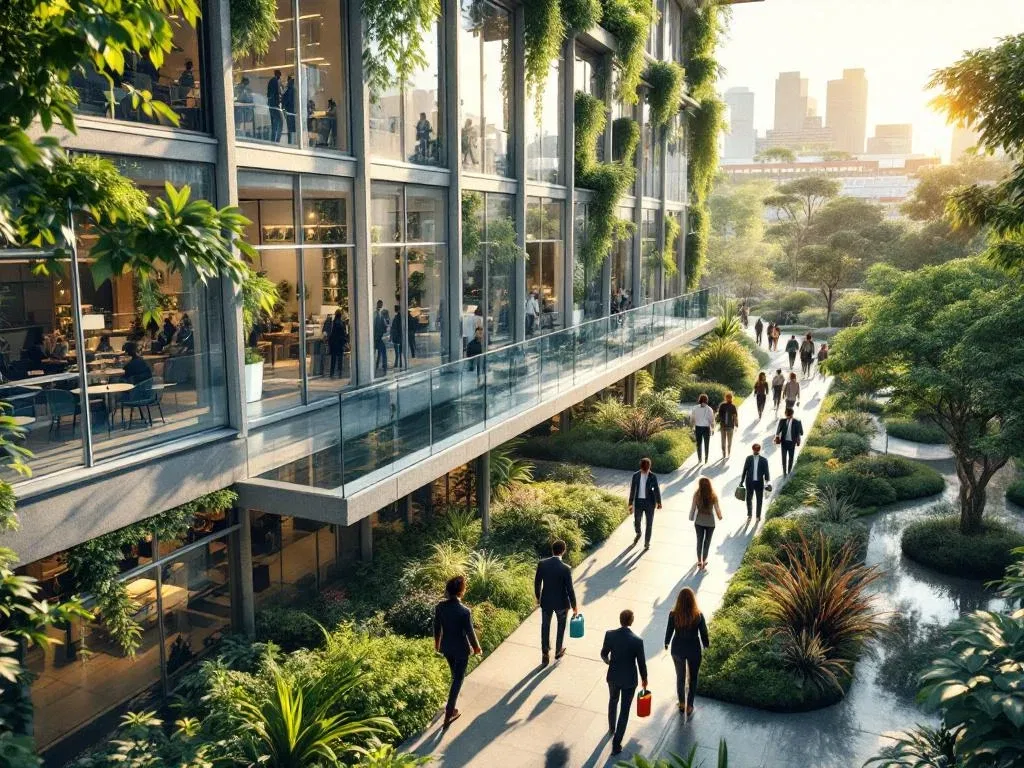Duurzaam kantoorgebouw met zonnepanelen en groene tuinen, diverse professionals lopen over milieuvriendelijke paden