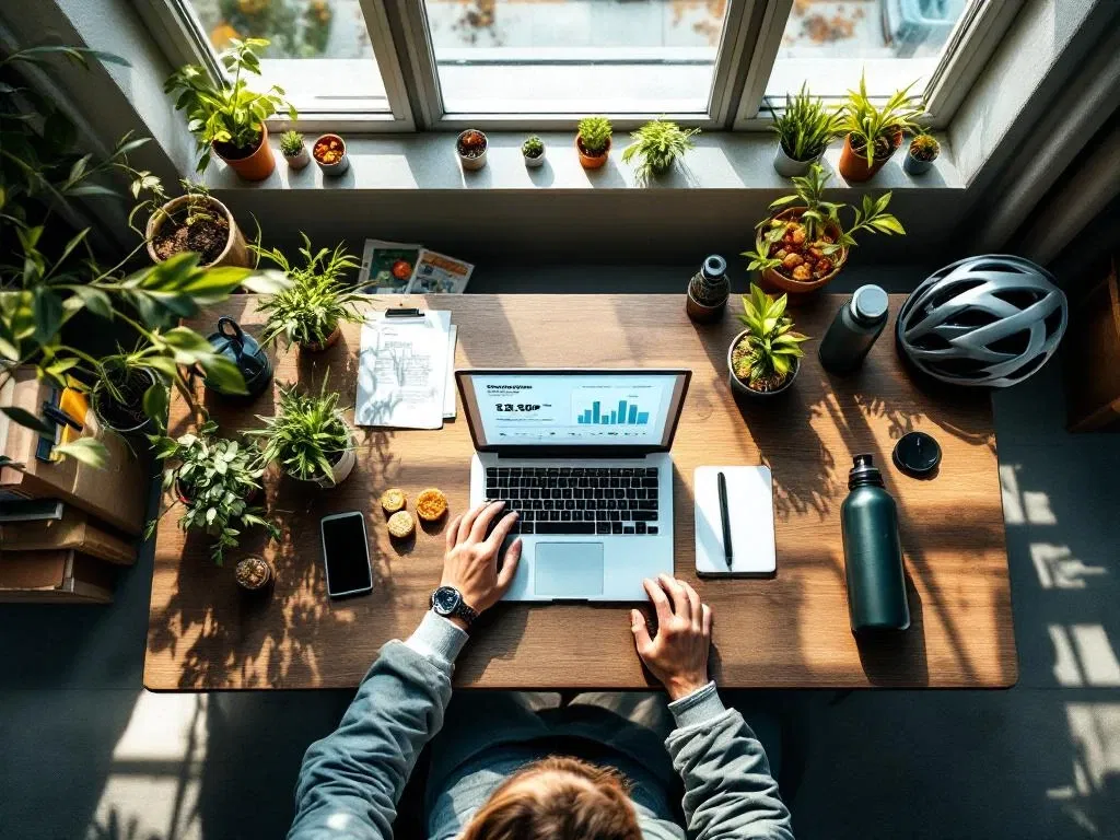 Moderne kantoorwerkplek met staand bureau, laptop, gezonde snacks, planten en duurzame kantoorbenodigdheden in natuurlijk licht
