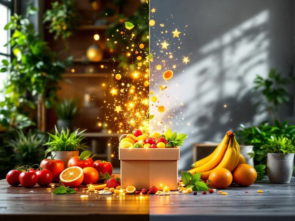 Gesplitst kantoorbeeld toont levendige werkplek met fruit en planten versus grijze omgeving, verbonden door cadeaubox