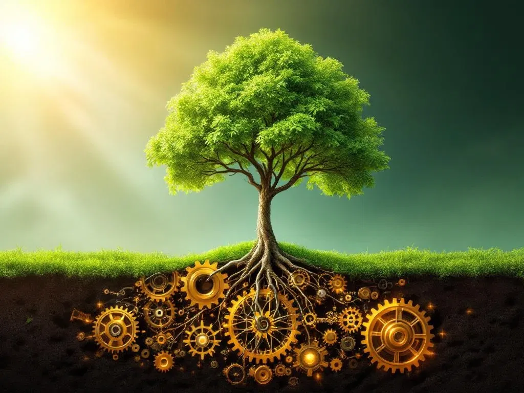 Groene boom met sterke takken en gouden tandwielen verweven in wortels, symboliseert duurzame groei en technologie
