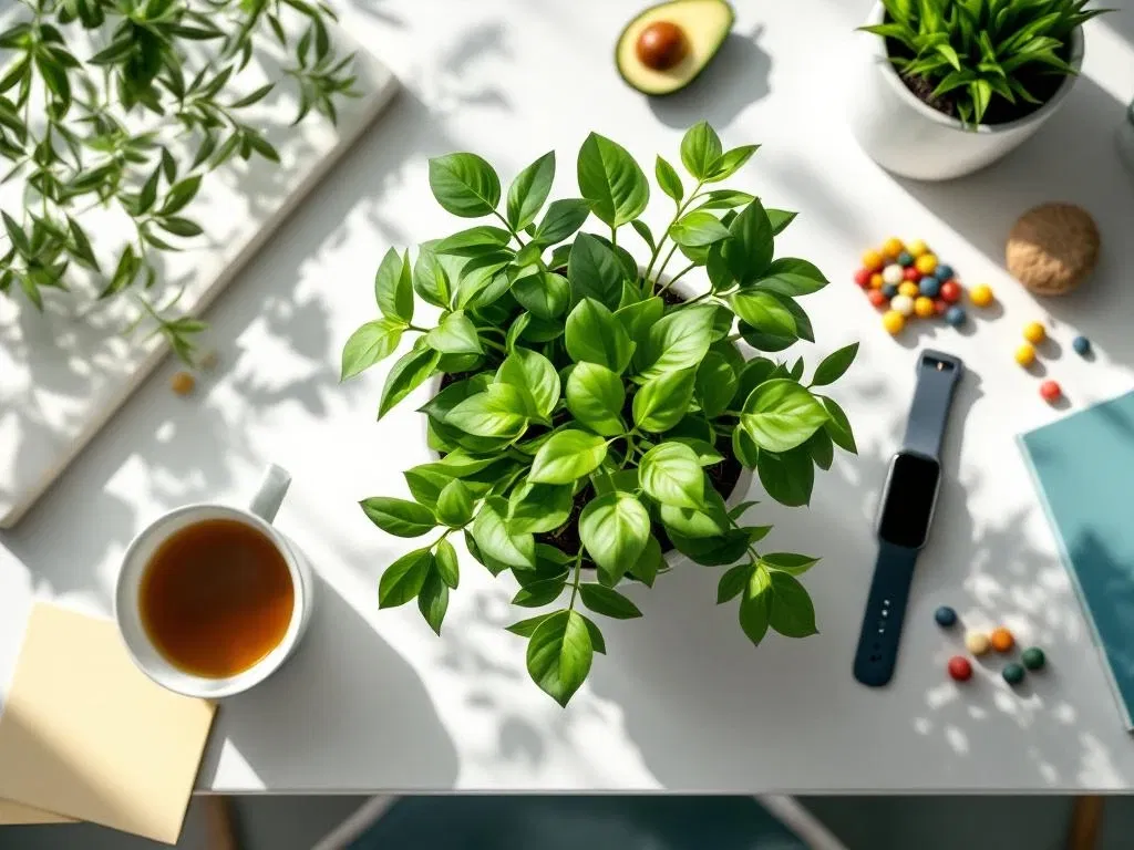 Moderne kantoorwerkplek met groene plant, kruidenthee, fitnesshorloge en gezonde snacks voor welzijn op werk