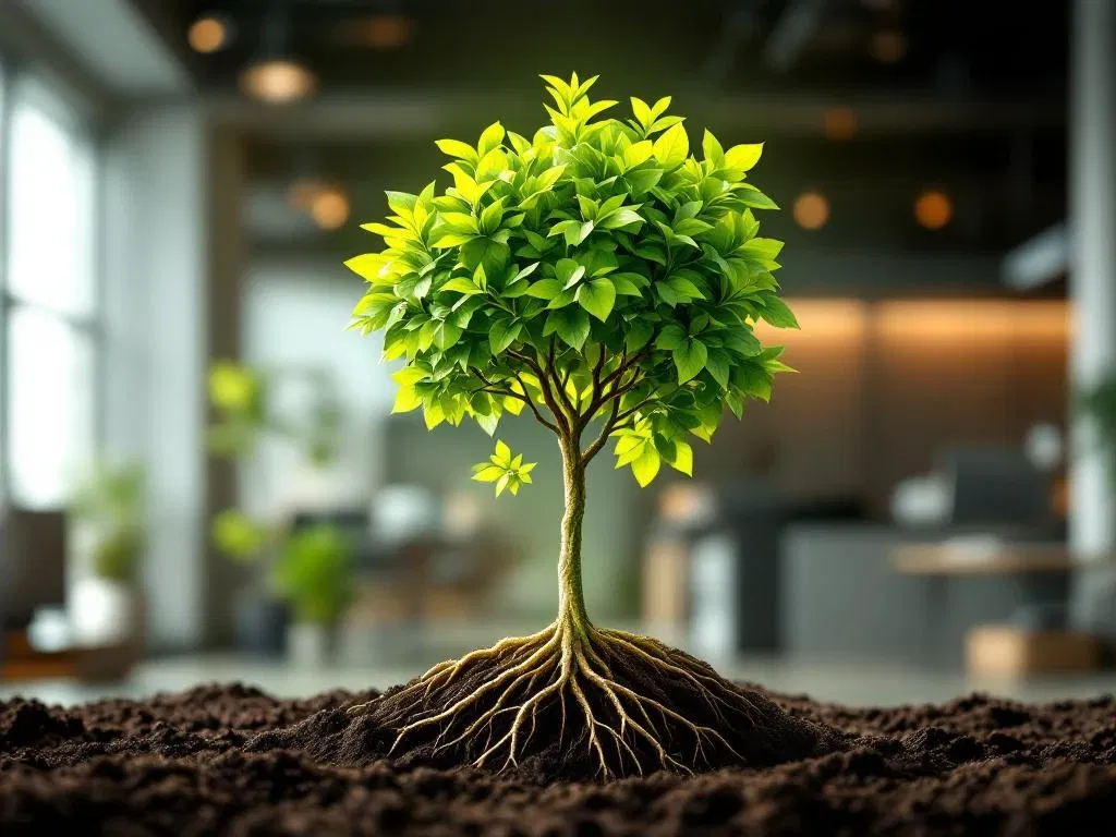 Groene boom met zichtbare wortels in transparante grond tegen wazig kantooromgeving, symboliseert groei en ontwikkeling