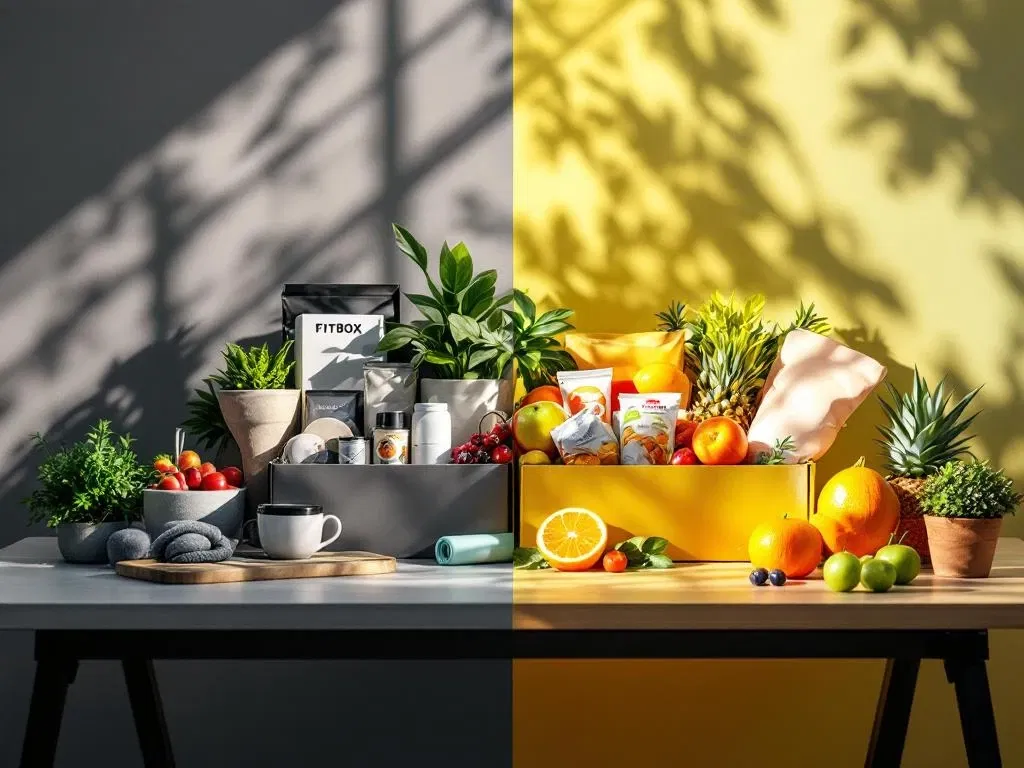 Vergelijking van traditionele grijze bedrijfscadeaus en kleurrijke FITBOX wellnesspakket met fruit en yoga-accessoires