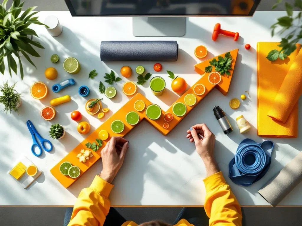 Moderne bureautafel met wellness items gerangschikt in pijlvorm omhoog, groene smoothies en fitnessapparatuur, groei symboliserend