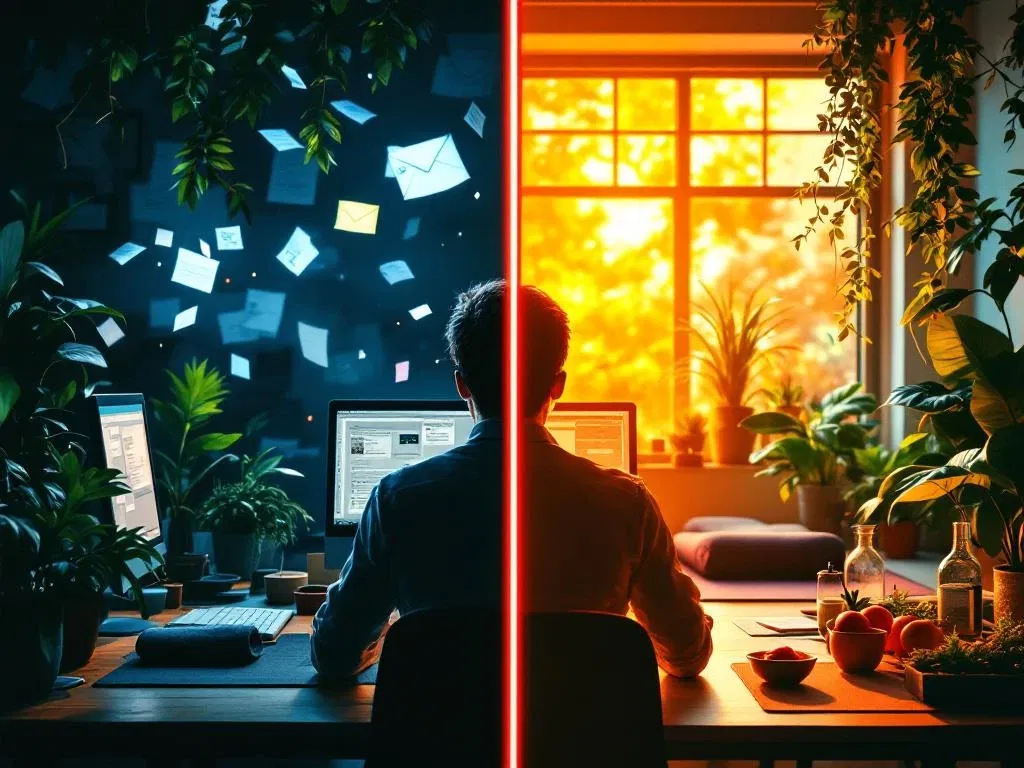 Kantoormedewerker silhouet omgeven door donkere paperassen contrasteert met lichte wellness ruimte vol planten en yoga spullen