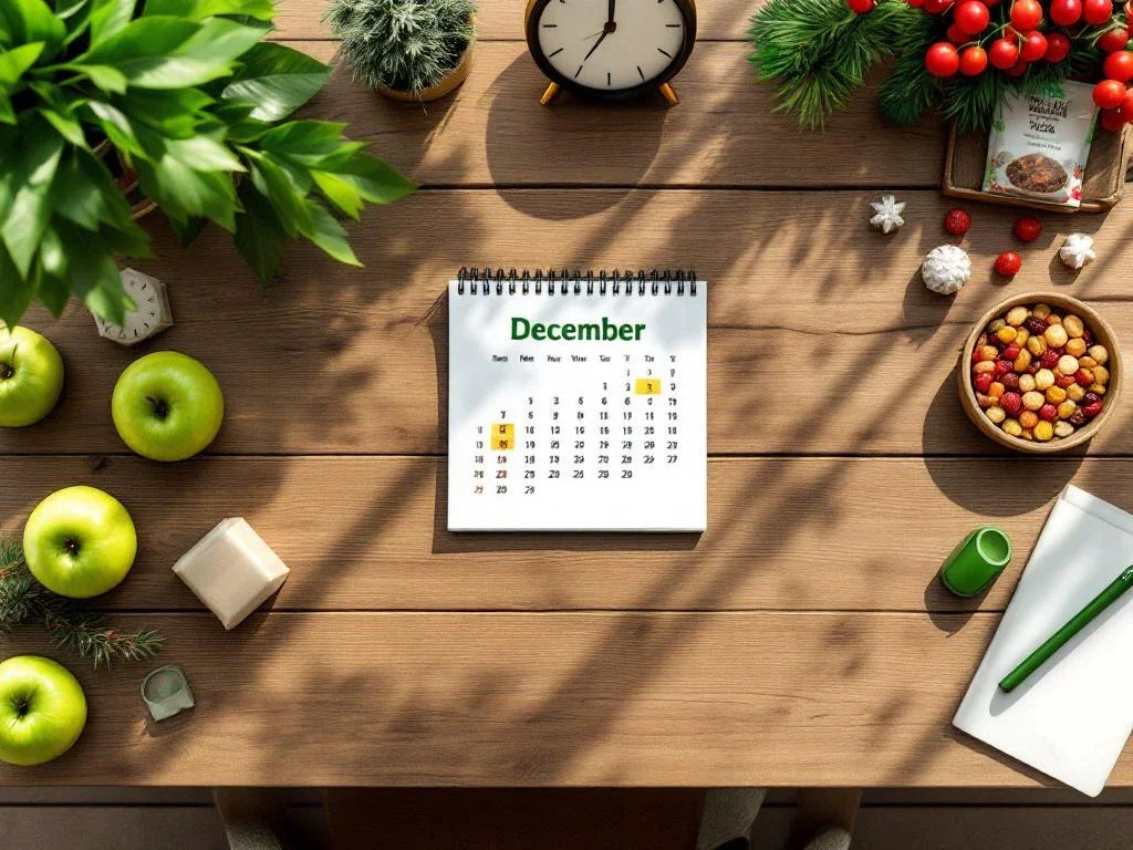 Houten bureau met december kalender omringd door gezonde kerstcadeaus: appels, noten, kruidenthee en fitnessaccessoires