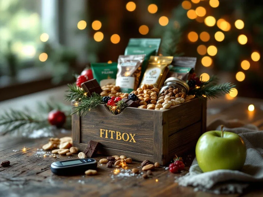 Houten geschenkdoos met suikervrije kerstlekkers, noten en bessen naast bloedglucosemeter op rustieke tafel