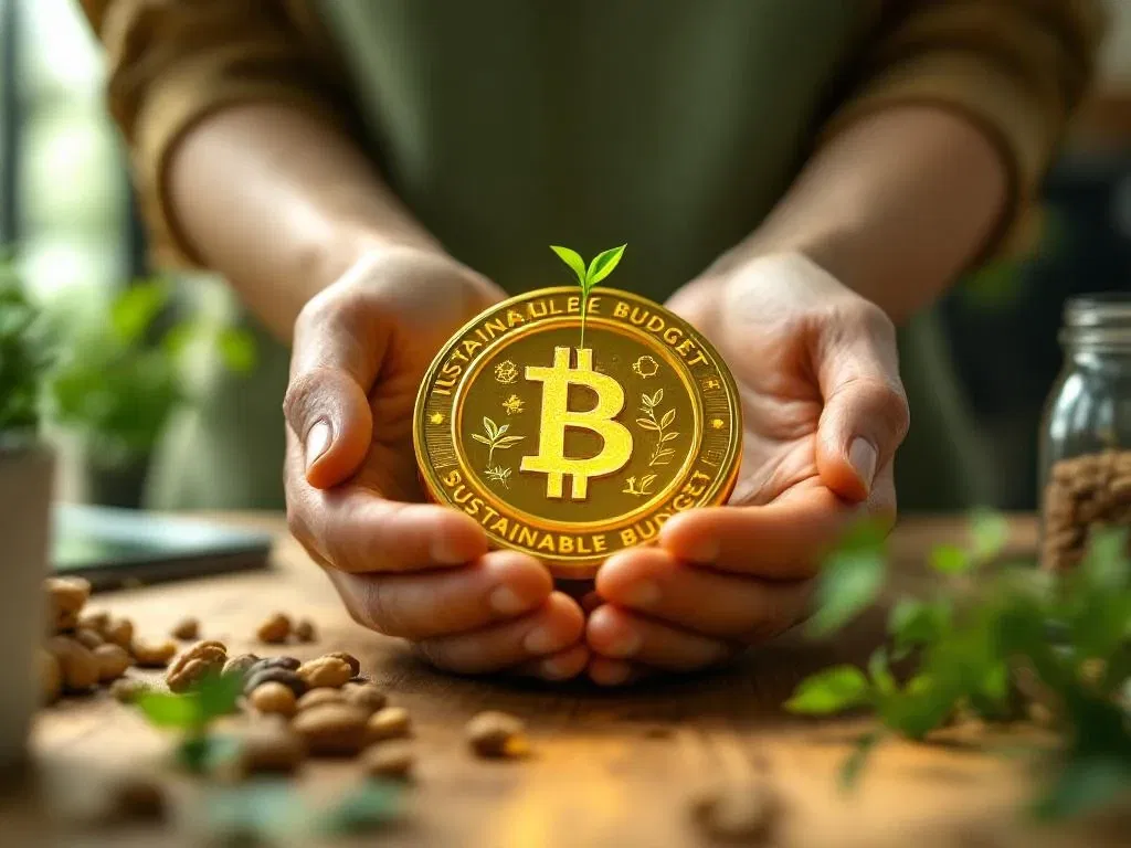 Handen houden gouden munt met duurzaamheidssymbolen, omringd door groene planten en zaailingen op kantoorbureau