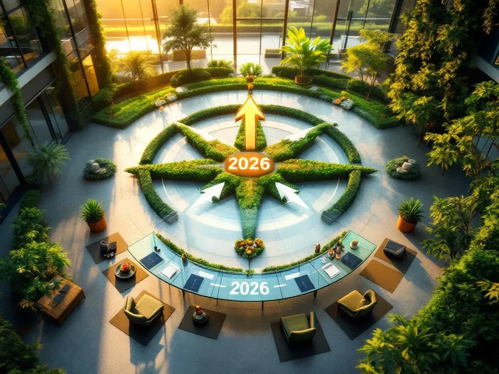 Luchtfoto van modern groen kantoorgebouw met zonnepanelen en verticale tuinen, omringd door kompasrosvormige paden