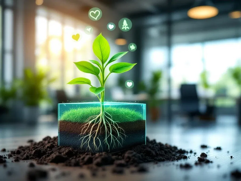 Groene plant met zichtbare wortels groeit uit aarde in modern kantoor met zwevende wellness-iconen