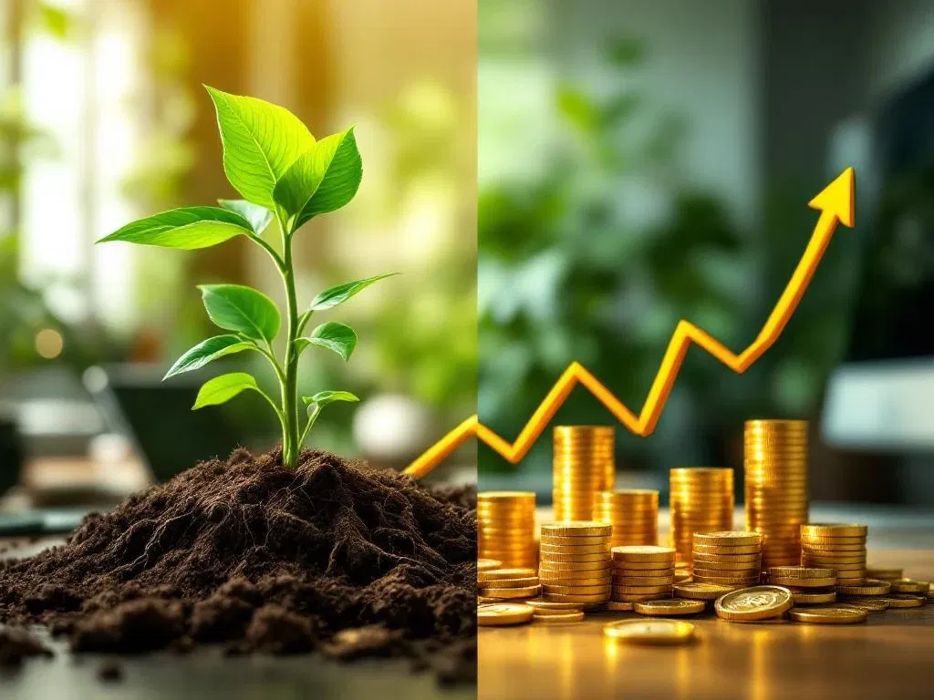 Groene plant met wortels overgaand in gouden munten en stijgende grafieken, duurzame groei en ROI op kantooroppervlak