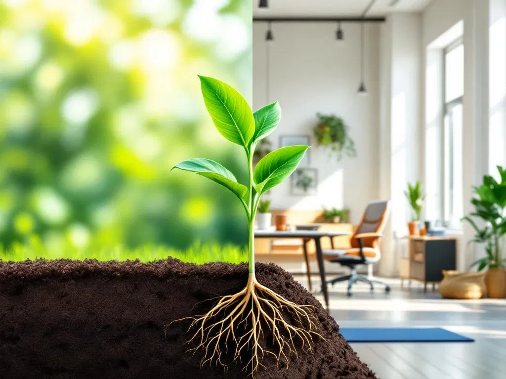 Groene plant met wortels naast moderne werkplek met ergonomisch meubilair en welzijnselementen, duurzame groei concept