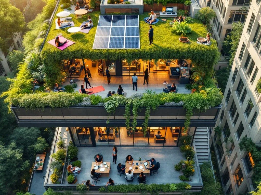 Moderne kantoorgebouw met groene daktuin waar werknemers yoga doen en samenwerken bij duurzame werkplekken met planten