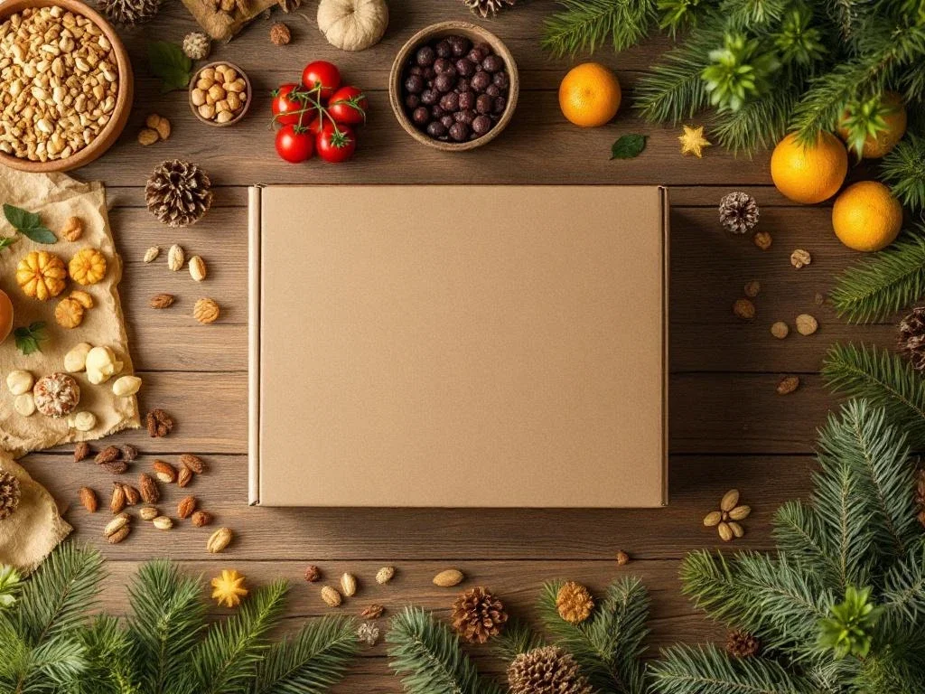 Duurzame kerstcadeaubox van bovenaf met biologisch fruit, noten, gezonde snacks en eco-vriendelijke producten op hout