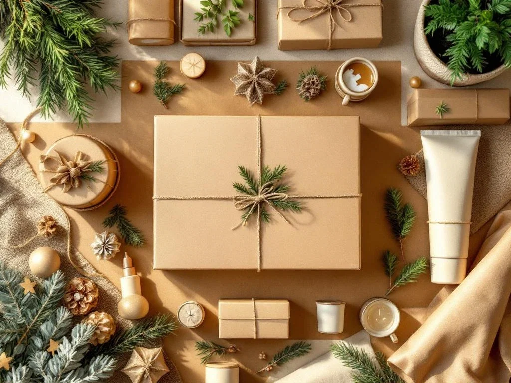 Duurzame kerstcadeauverpakkingen met kraftpapier dozen, jute linten en composteerbare materialen in aardse tinten