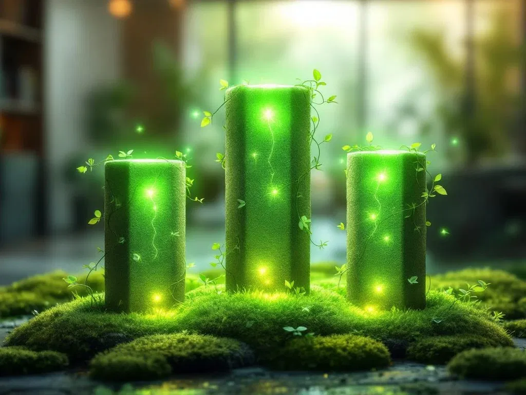 Drie met elkaar verbonden stenen zuilen met groene energie-uitstraling op een mosvoet, omgeven door kantooromgeving