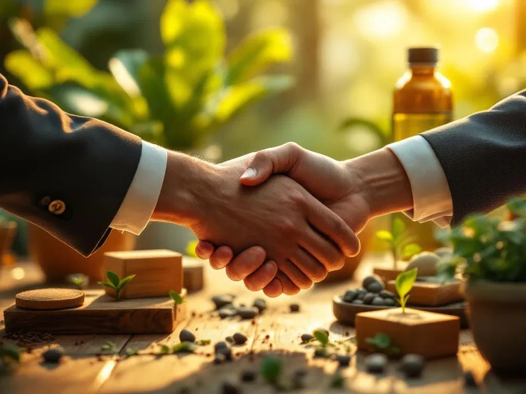 Twee professionele handen in handdruk omringd door groene planten en duurzame houten blokken in warme verlichting