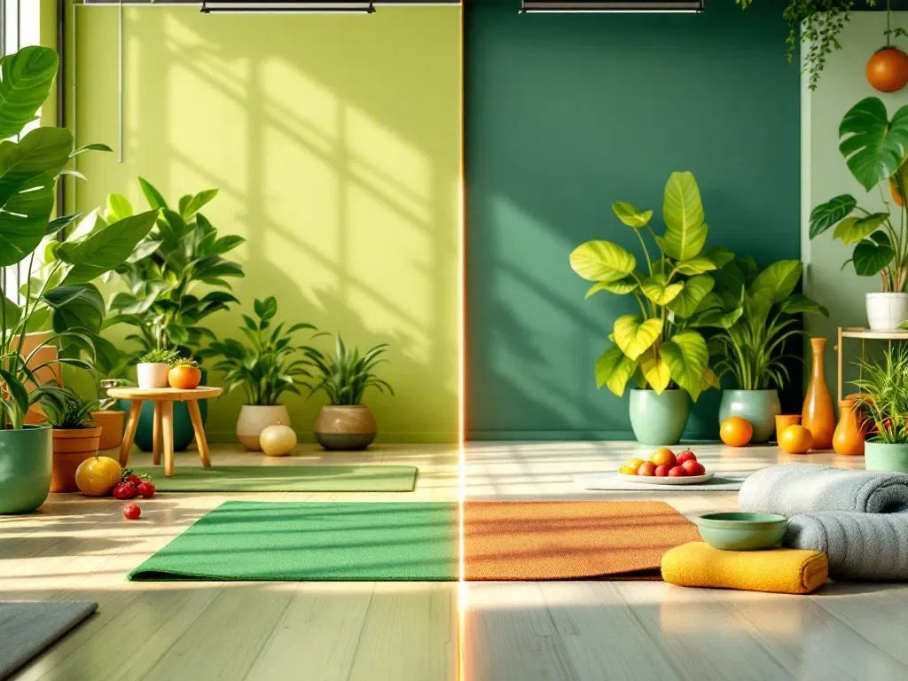 Kantooromgeving met duurzame werkplek links en wellness-ruimte met yoga en gezond eten rechts, gescheiden door weegschaal