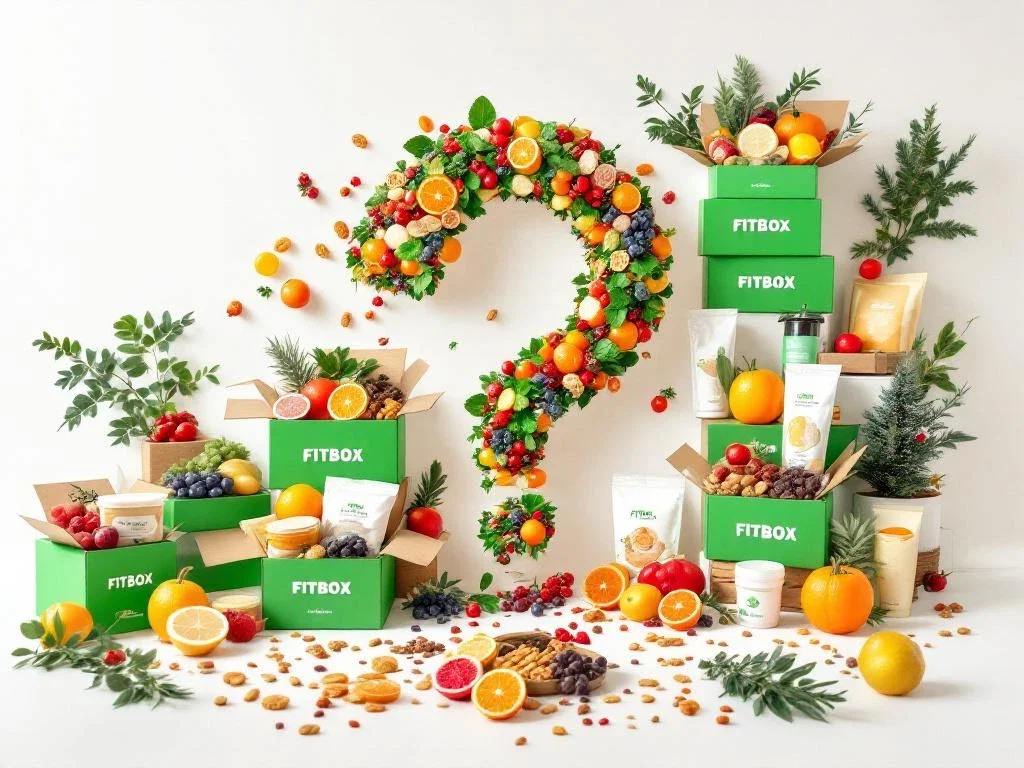 FITBOX kerstcadeaupakketten in groen-wit design met biologisch fruit, noten en wellnessproducten op witte achtergrond