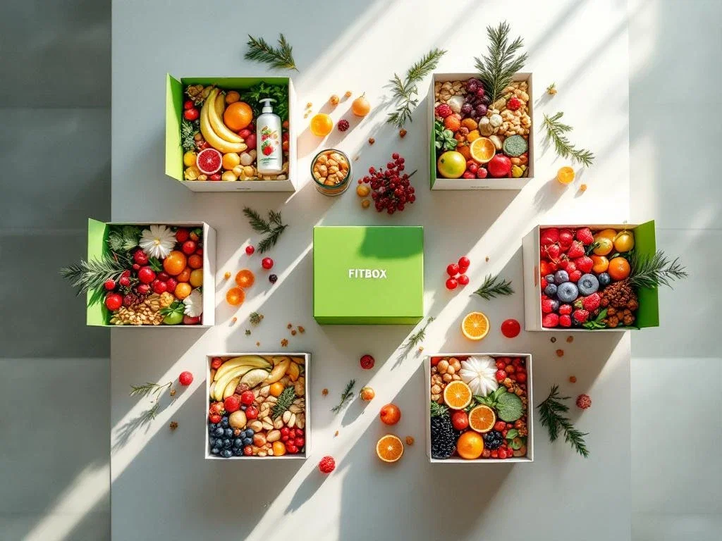 FITBOX kerstcadeaus met verse vruchten en wellnessproducten op moderne vergadertafel van bovenaf gefotografeerd