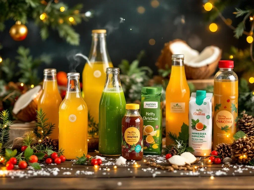 Gezonde kerstdrankjes inclusief kombucha, smoothies en vruchtensappen op rustieke houten tafel met kerstversiering