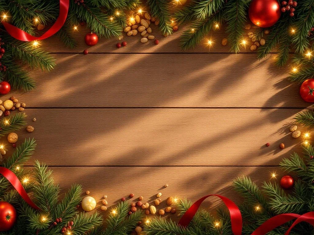 Luxe kerstcadeaubox met gezonde snacks, verse vruchten en noten op houten bureau met dennentakken en rood lint
