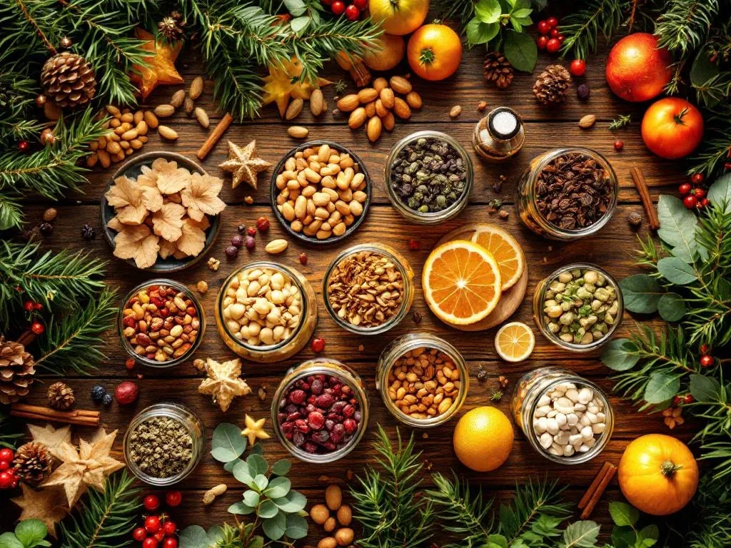 Houten tafel met gezonde kerstcadeaus: glazen potten met superfoods, kruidenthee, noten en gedroogd fruit symmetrisch gerangschikt