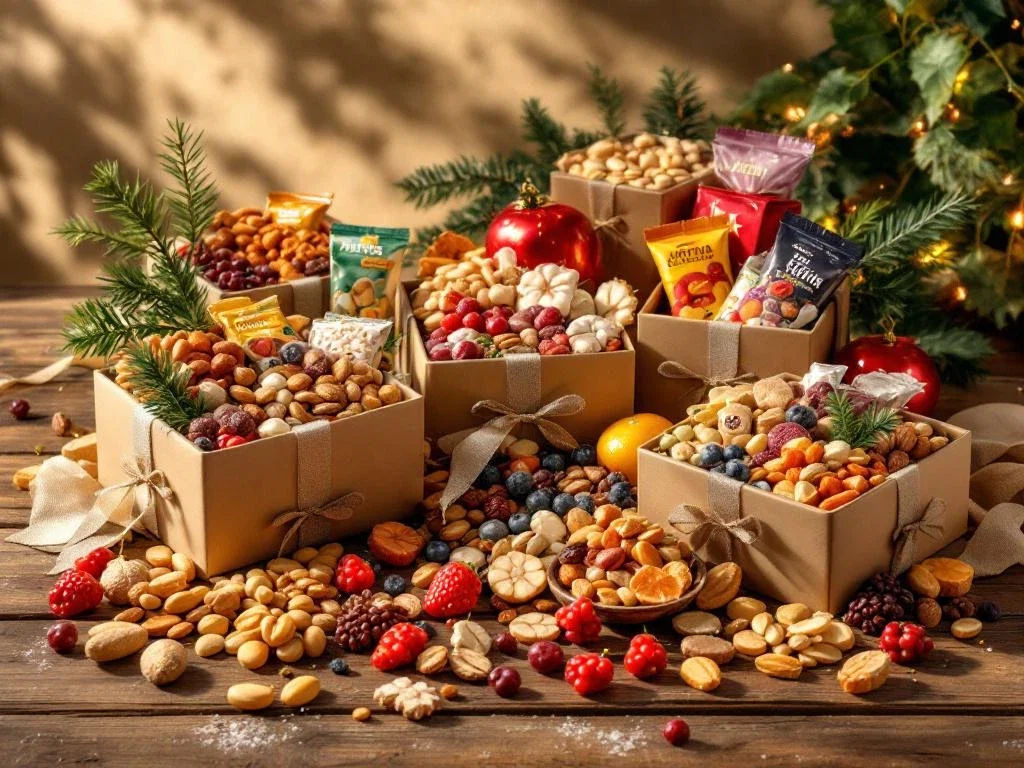 Premium gezonde snacks in kerstcadeaudozen met noten, gedroogd fruit en energierepen op houten ondergrond