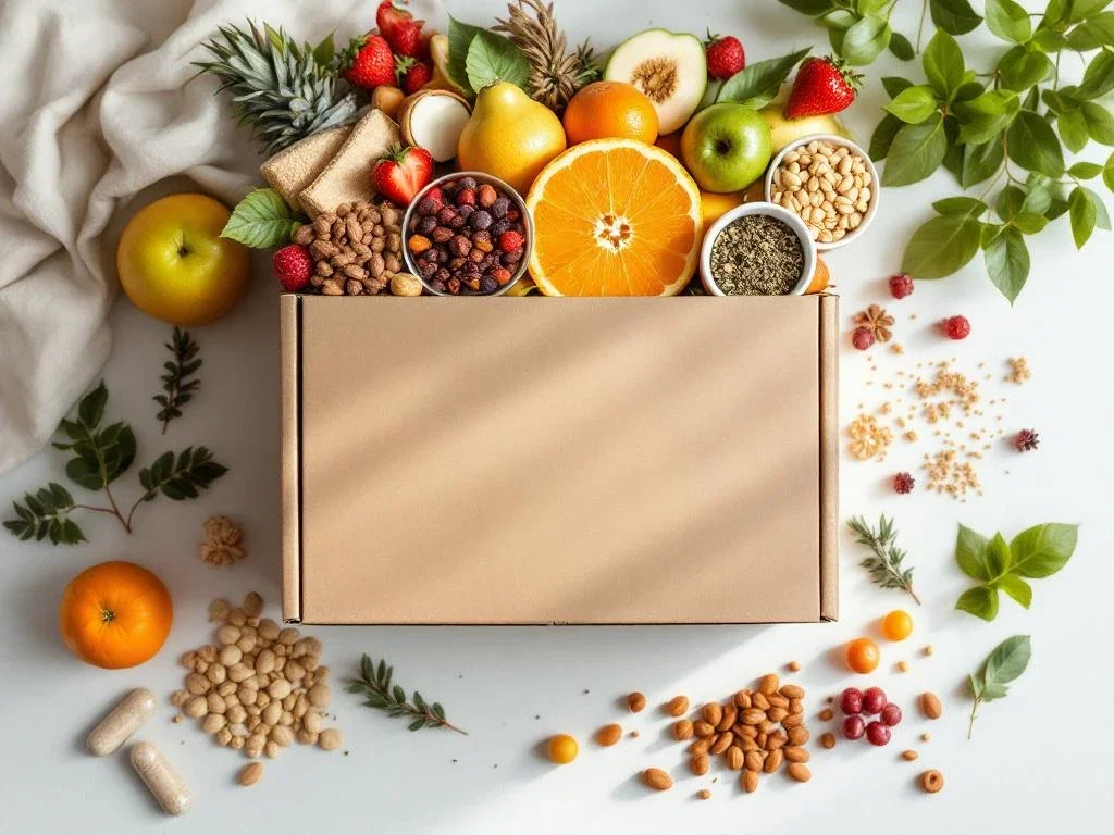 Kerstcadeaubox met gezonde traktaties: biologisch fruit, noten, kruidenthee en wellness accessoires op witte achtergrond