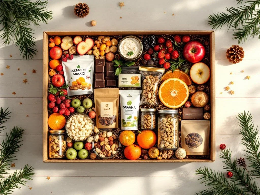 Gezonde kerst cadeaubox van bovenaf met biologisch fruit, noten, thee, chocolade en superfoods op witte houten tafel