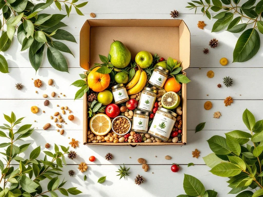 Open kerstcadeaubox met biologisch fruit, noten en wellnessproducten op wit hout met vergrootglas en kwaliteitscontrole