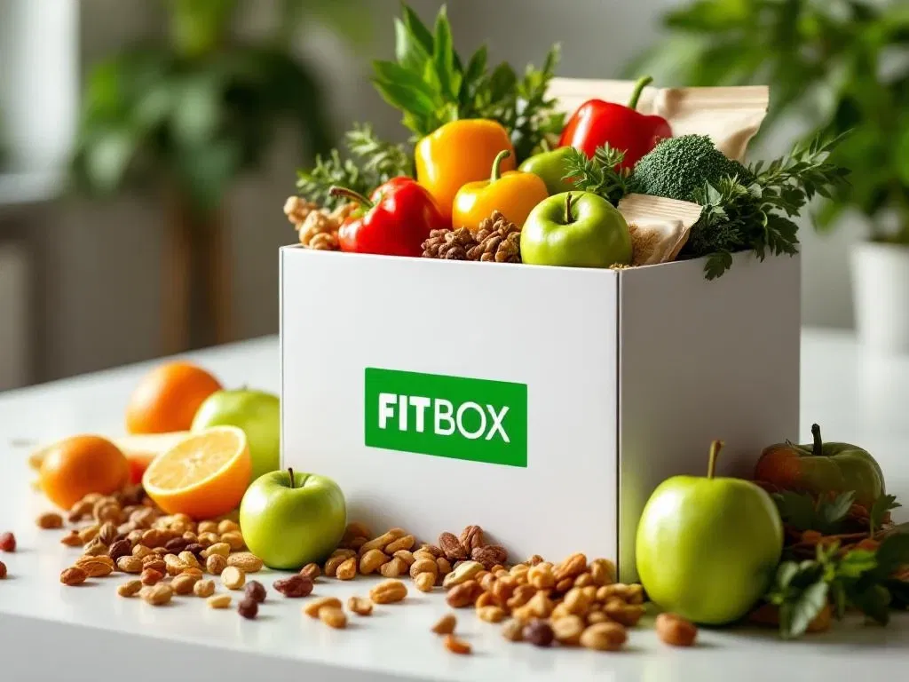 FITBOX kerstcadeau vol verse appels, paprika's en gezonde snacks op wit oppervlak in kantooromgeving