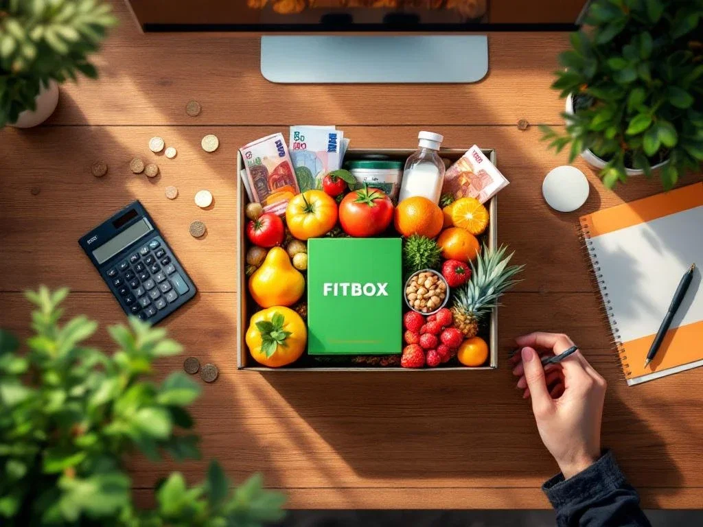 Moderne bureauopstelling met FITBOX kerstcadeau vol fruit en noten, calculator, eurobankbiljetten en kantoorbenodigdheden