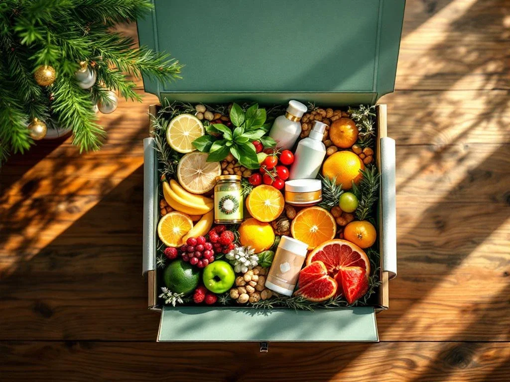 Elegante houten bureau met open geschenkdoos vol gezonde producten, fruit en noten voor werknemerswelzijn