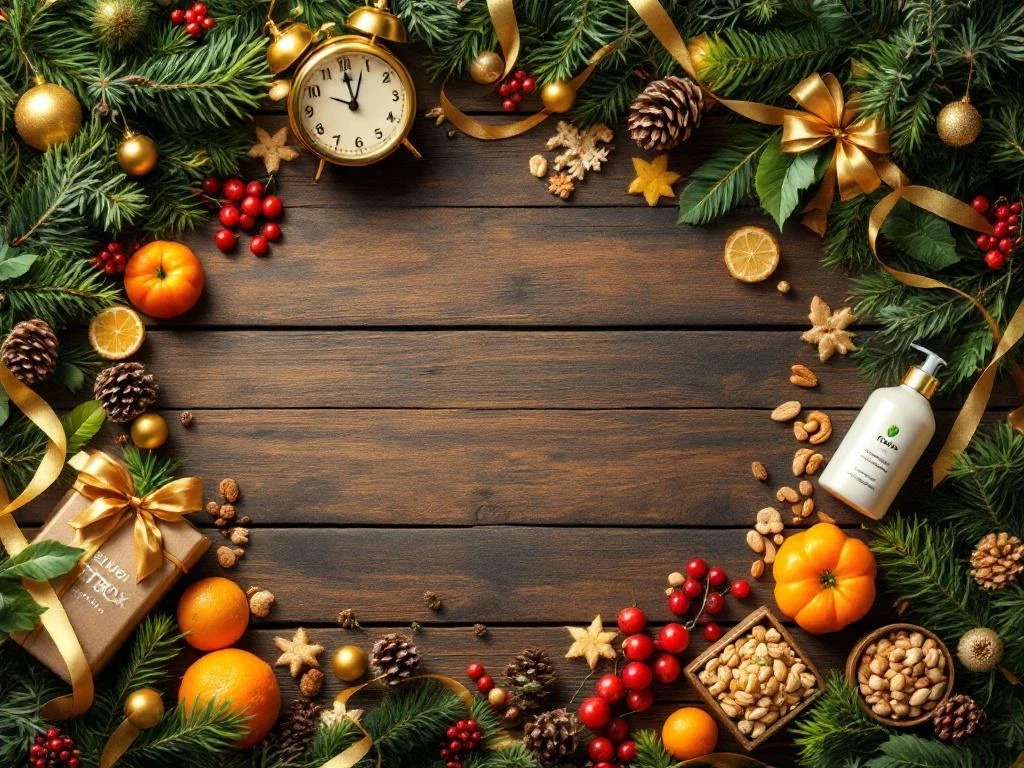 Houten tafel met gezonde kerstcadeaus: biologisch fruit, noten, kruidenthee in eco-vriendelijke verpakking met gouden lint