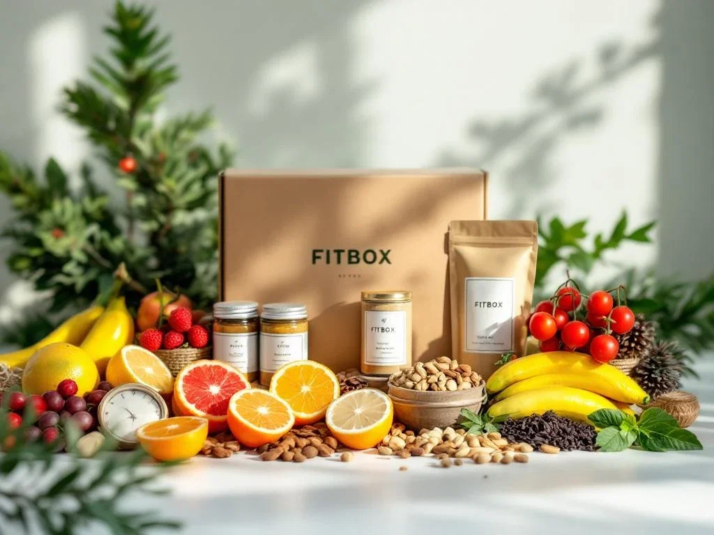 Gezonde kerst cadeauset met biologisch fruit, noten, kruidenthee en wellnessproducten op witte ondergrond