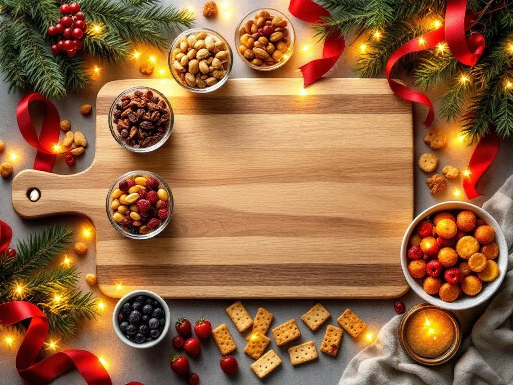 Houten snijplank met gezonde kerst snacks: noten, gedroogd fruit, glutenvrije crackers en bessen met feestelijke verlichting