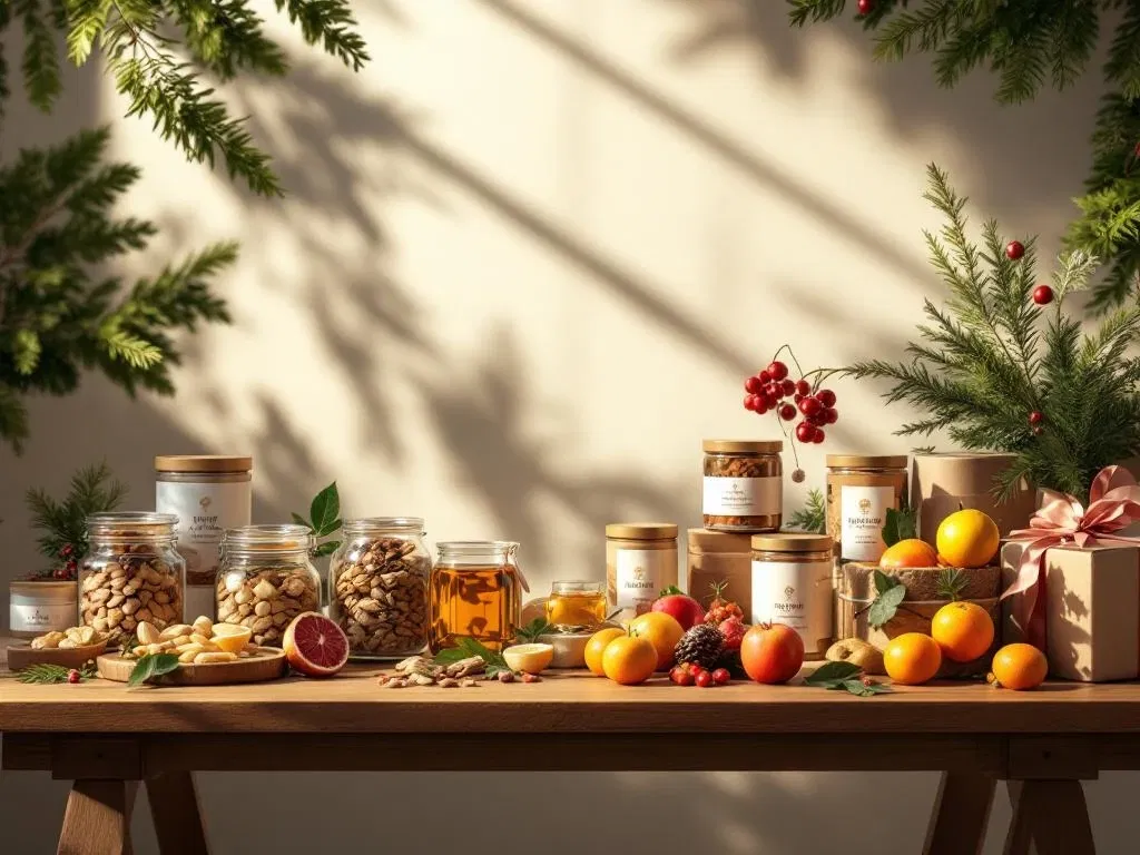 Houten tafel met gezonde kerstcadeaus: biologische noten, kruidenthee, fruit en wellness producten in duurzame dozen