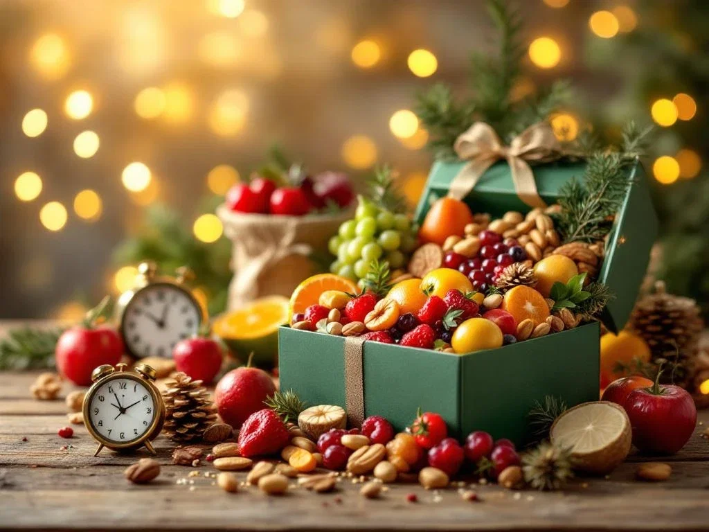 Premium kerstcadeaudozen met verse vruchten en noten op rustiek hout, versierd met dennentakjes en gouden verlichting