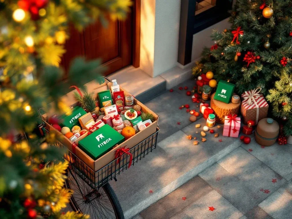 Duurzame bezorgfiets met groene FITBOX gezonde kerstpakketten bij moderne voordeur met vers fruit en noten