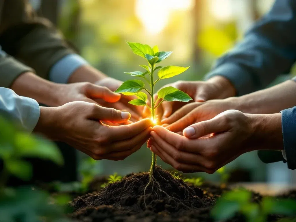 Diverse handen van verschillende generaties beschermen samen een groene plant in kantooromgeving