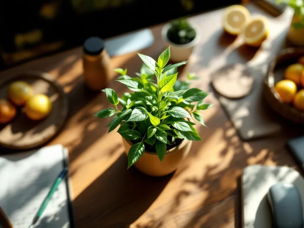 Groene plant in bamboe pot op modern kantoorbureau met duurzame wellness-items en natuurlijk licht