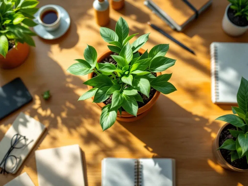 Moderne bureauopstelling met groene plant in terracotta pot, houten waterfles en duurzame kantoorbenodigdheden