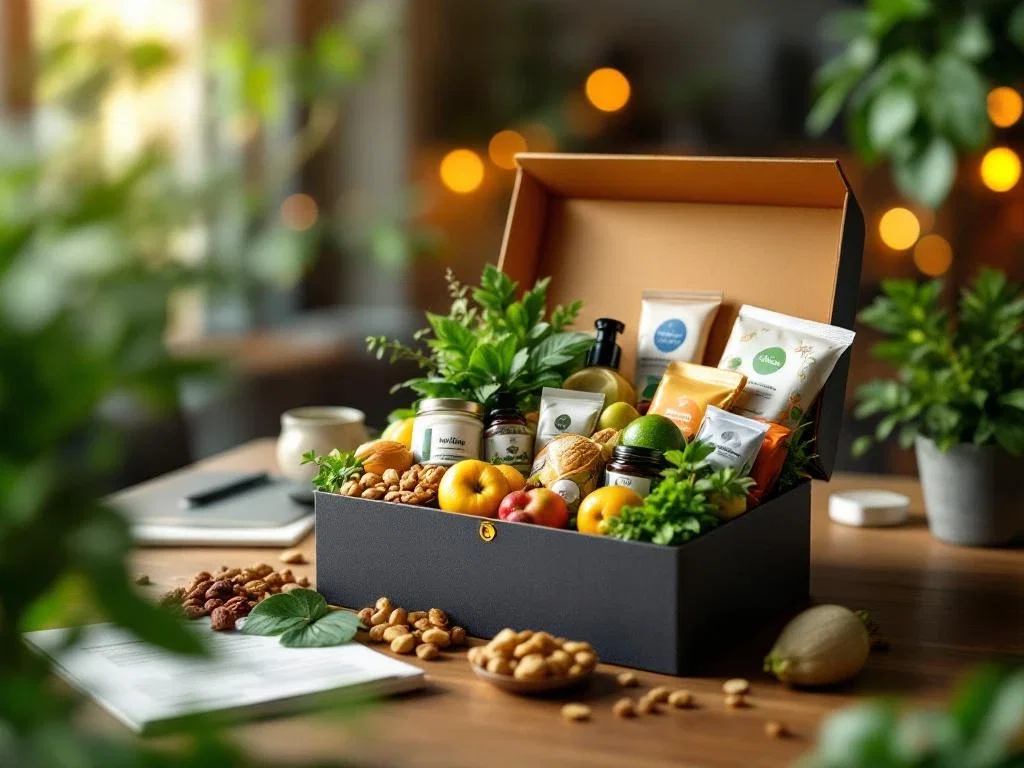 Open geschenkdoos met gezonde snacks en fruit op moderne kantoorbureau met laptop op achtergrond