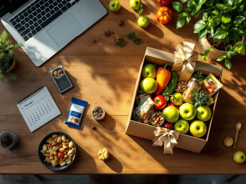 Elegant geschenkdoos vol gezonde snacks op houten bureau met laptop en december kalender voor wellness op kantoor