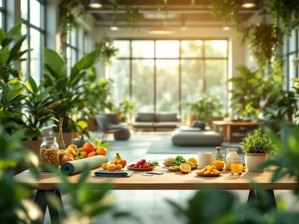 Luchtfoto van moderne kantoor wellness ruimte met groene planten, ergonomisch meubilair en natuurlijk licht door ramen